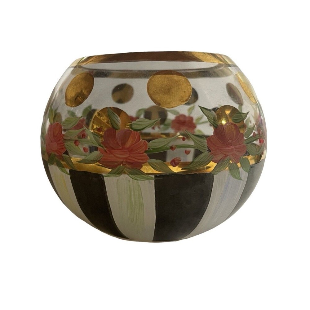 Mackenzie Childs Heirloom Rose Bowl Vase Courtly Striped 24K Glass Retired Y2K